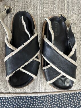 ALOHAS Black Sandals with Cream Shearling Trim